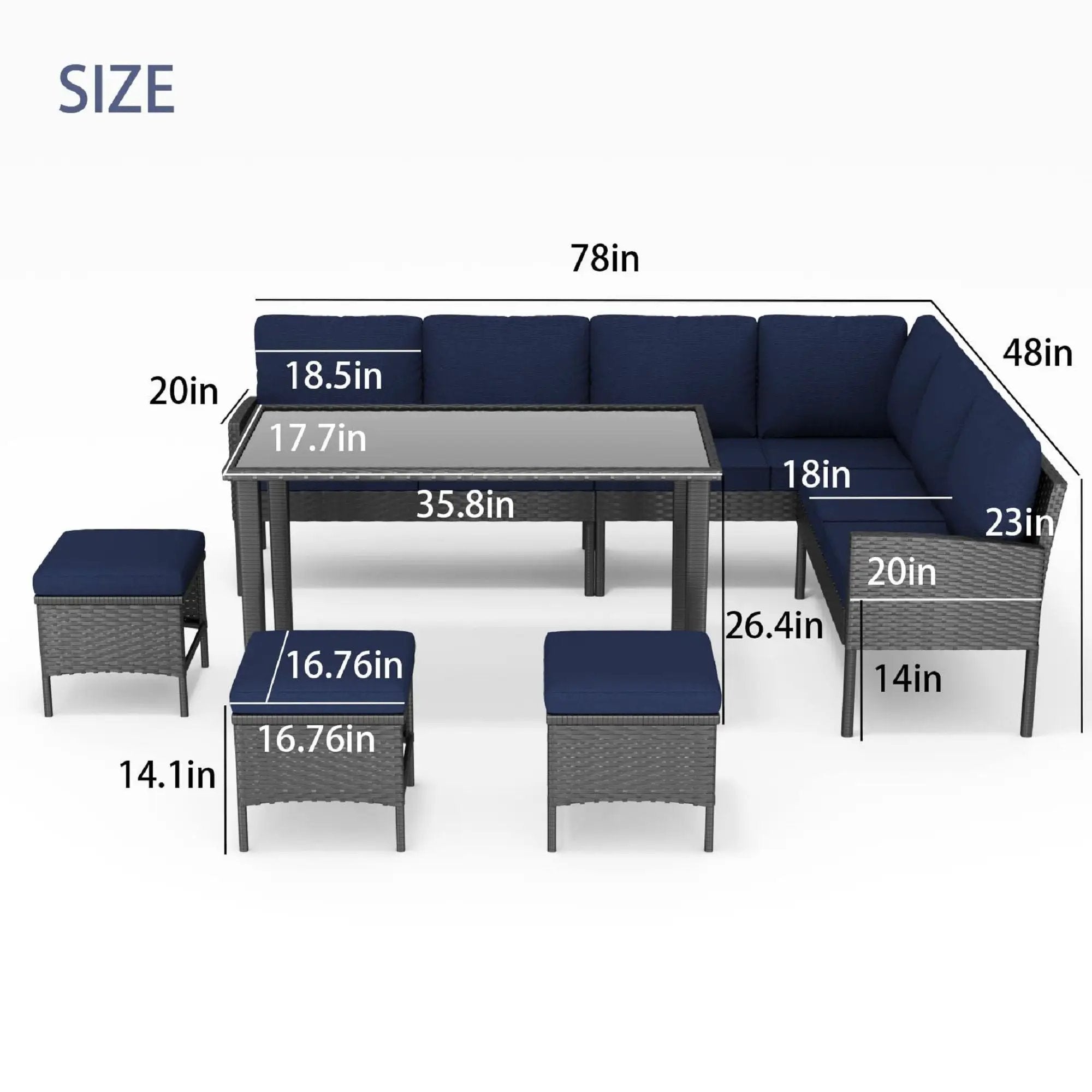 7 Piece Outdoor Furniture Set With Waterproof Cushions, Glass Table, And Space Saving Design - Blue by HouseOfZazla
