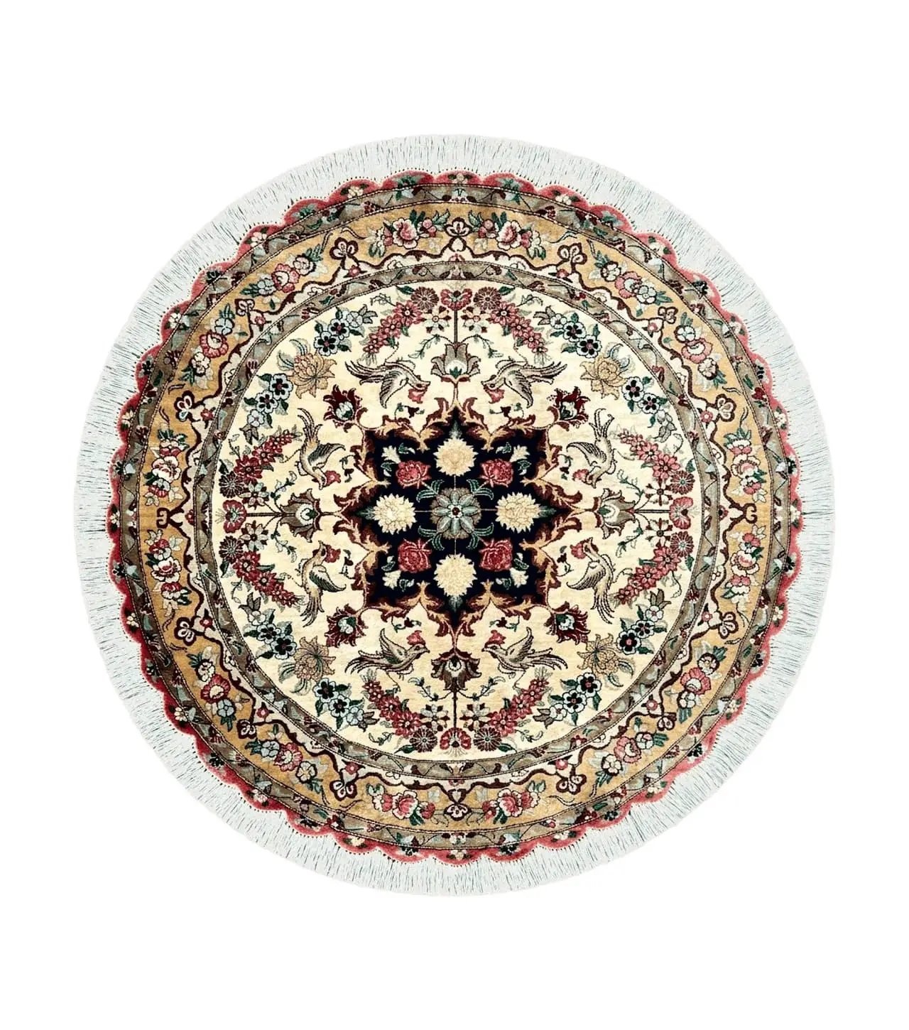 Silk Persian Tabriz Round Rug 3x3 ft, Very Fine Hand Knotted Carpet 380 KPSI, Cream & Gold, Bird Pictorials, Floral, Rare by Jewel Rugs