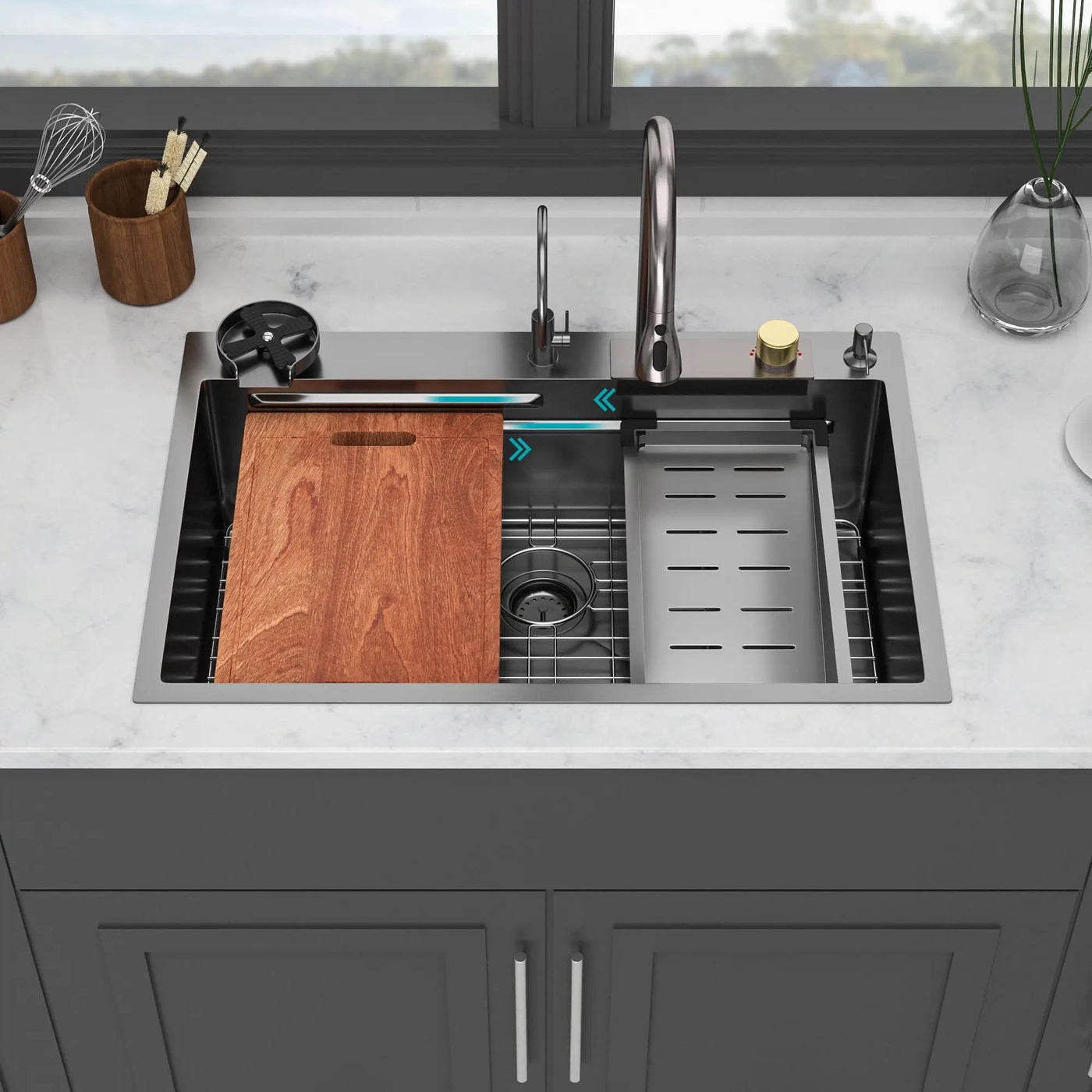Waterfall Kitchen Sink With Pull Out Faucet & Cup Washer by HouseOfZazla