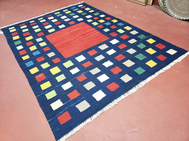 Turkish Kilim Rug 5x7 - 6x8, Checkerboard Kilim Carpet, Area Rug, New Playroom Rug, Colorful Multicolor Rug for Nursery Room, Dark Blue Red by Jewel Rugs