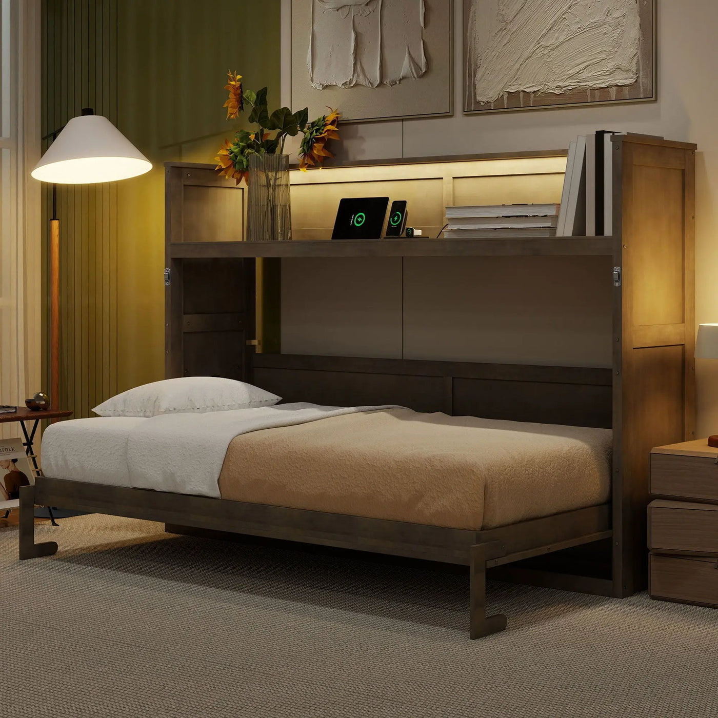 Murphy Bed With Desk, LED Light And USB Charging Station by HouseOfZazla