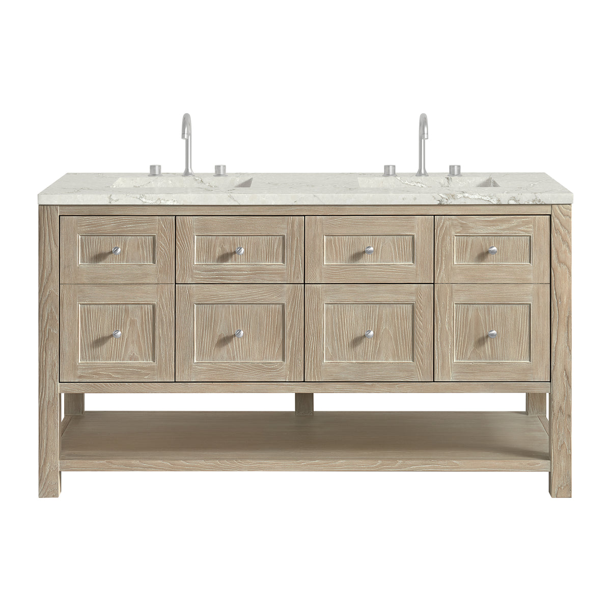 James Martin Breckenridge 60" Double Bathroom Vanity, Whitewashed Oak with Victorian Silver (FreePower) countertop