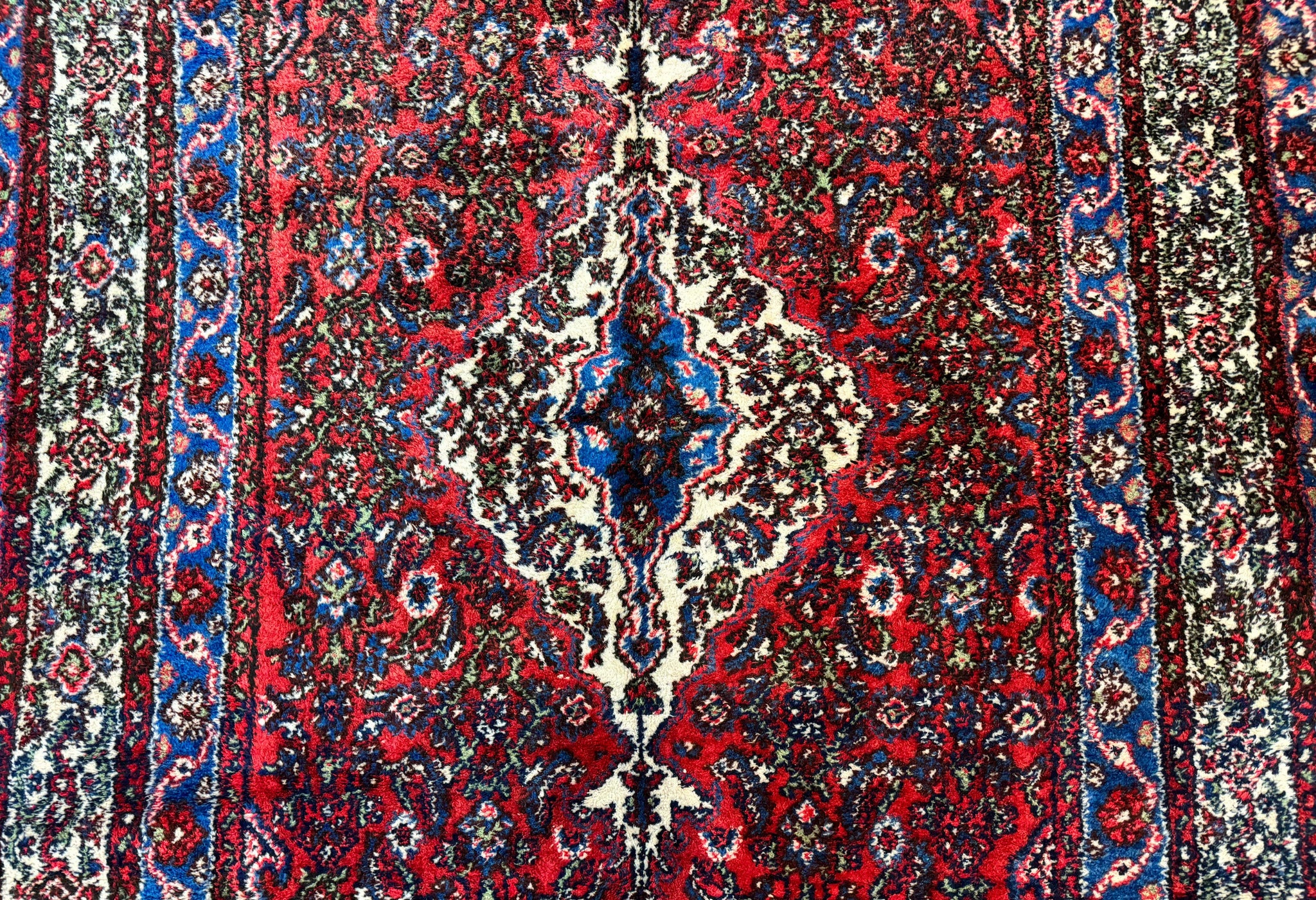 Persian Tribal Rug 6x11, Red Blue Ivory, Antique Persian Carpet, Hamadan Dargazin Carpet by Jewel Rugs