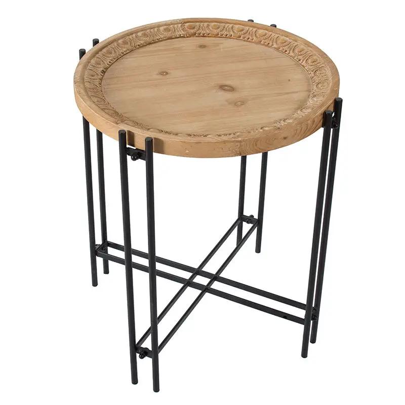 Round Side Table With Wood Top, End Table For Living Room Bedroom - Black Brown by HouseOfZazla