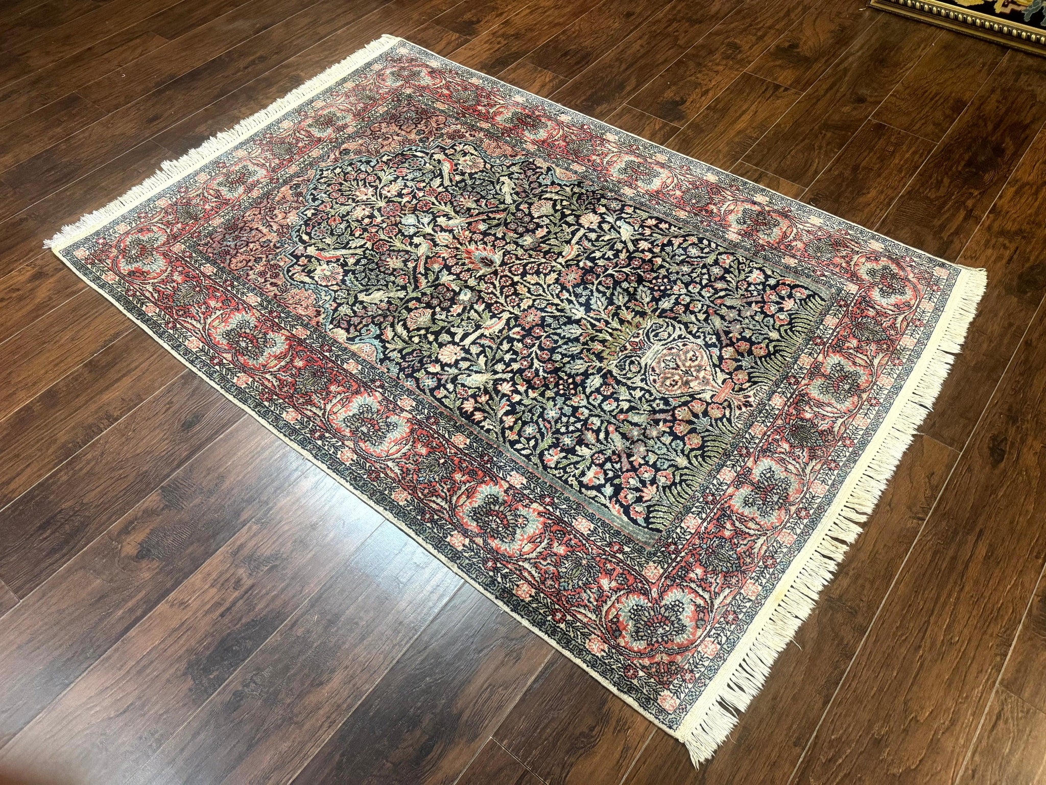 Silk Indian Kashmiri Rug 4x6, Tree of Life Pattern, Birds, Fine 290 KPSI, Navy Blue and Red, Handmade Oriental Carpet by Jewel Rugs