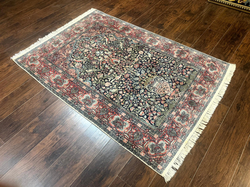 Silk Indian Kashmiri Rug 4x6, Tree of Life Pattern, Birds, Fine 290 KPSI, Navy Blue and Red, Handmade Oriental Carpet by Jewel Rugs