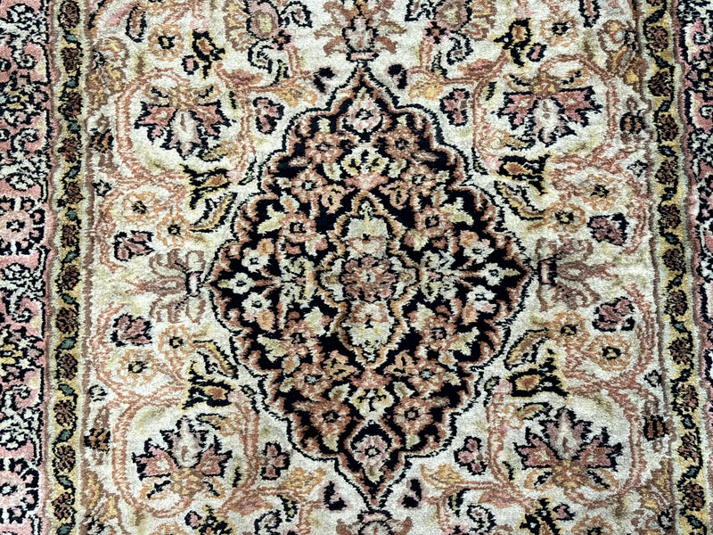 Silk Indian Kashmiri Runner Rug 2.7 x 9.8, Floral Medallions by Jewel Rugs