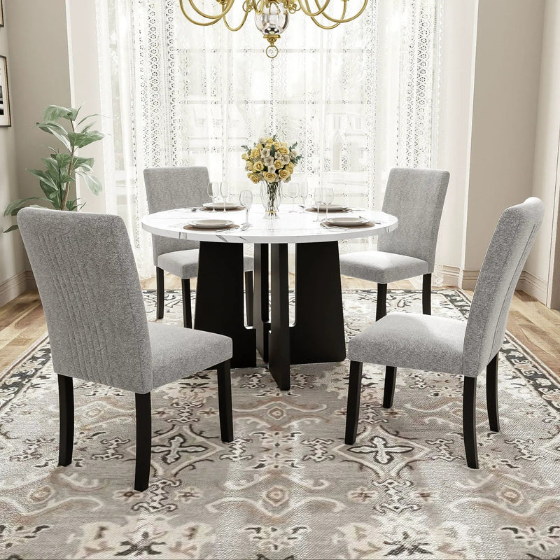 5 Piece Round Dining Table Set, Dining Table And 4 Upholstered Chairs For Dining Room, Kitchen Room, Living Room - White / Gray by HouseOfZazla