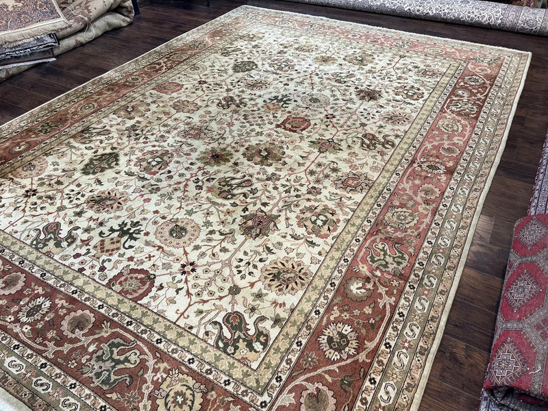 Large Indian Rug 10x14, Hand Knotted Indo Persian Gandehar Oriental Carpet, Vintage Wool Rug 10 x 14 ft Cream Red Floral Allover Traditional by Jewel Rugs