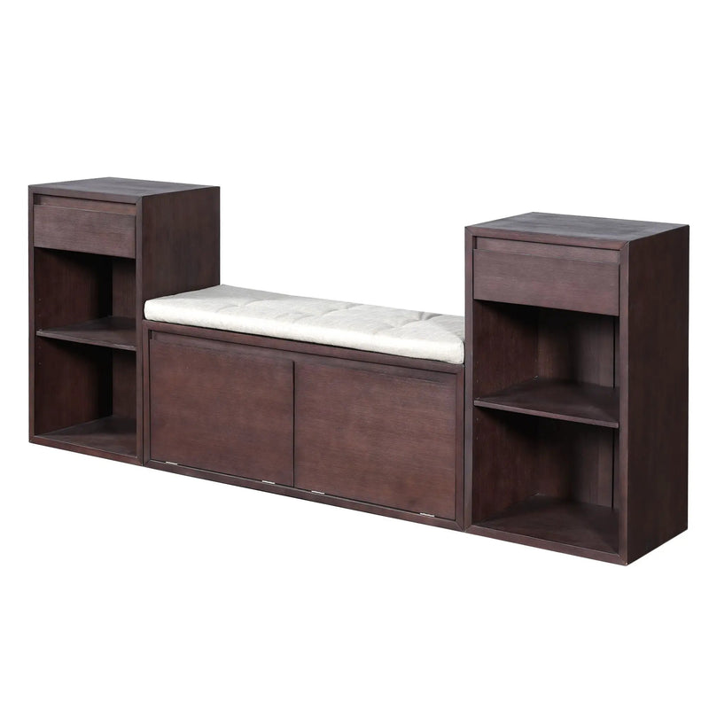 Entryway Storage Bench With Cushion, Drawers & Open Shelves