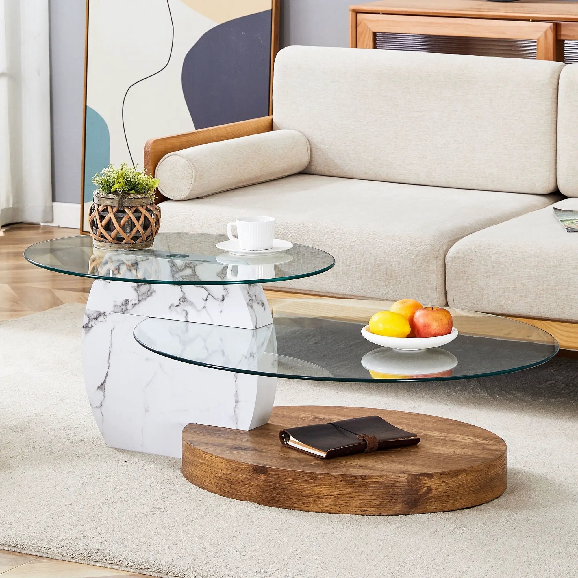 Contemporary Artistic Double Layer Coffee Table, Tempered Glass Top by HouseOfZazla