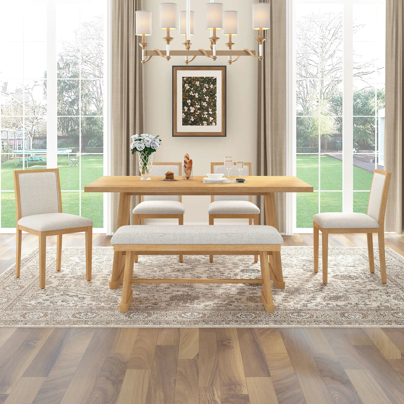 Dining Set With Rectangular Table, 4 Upholstered Chairs & 1 Padded Bench by Unique Piece Furniture