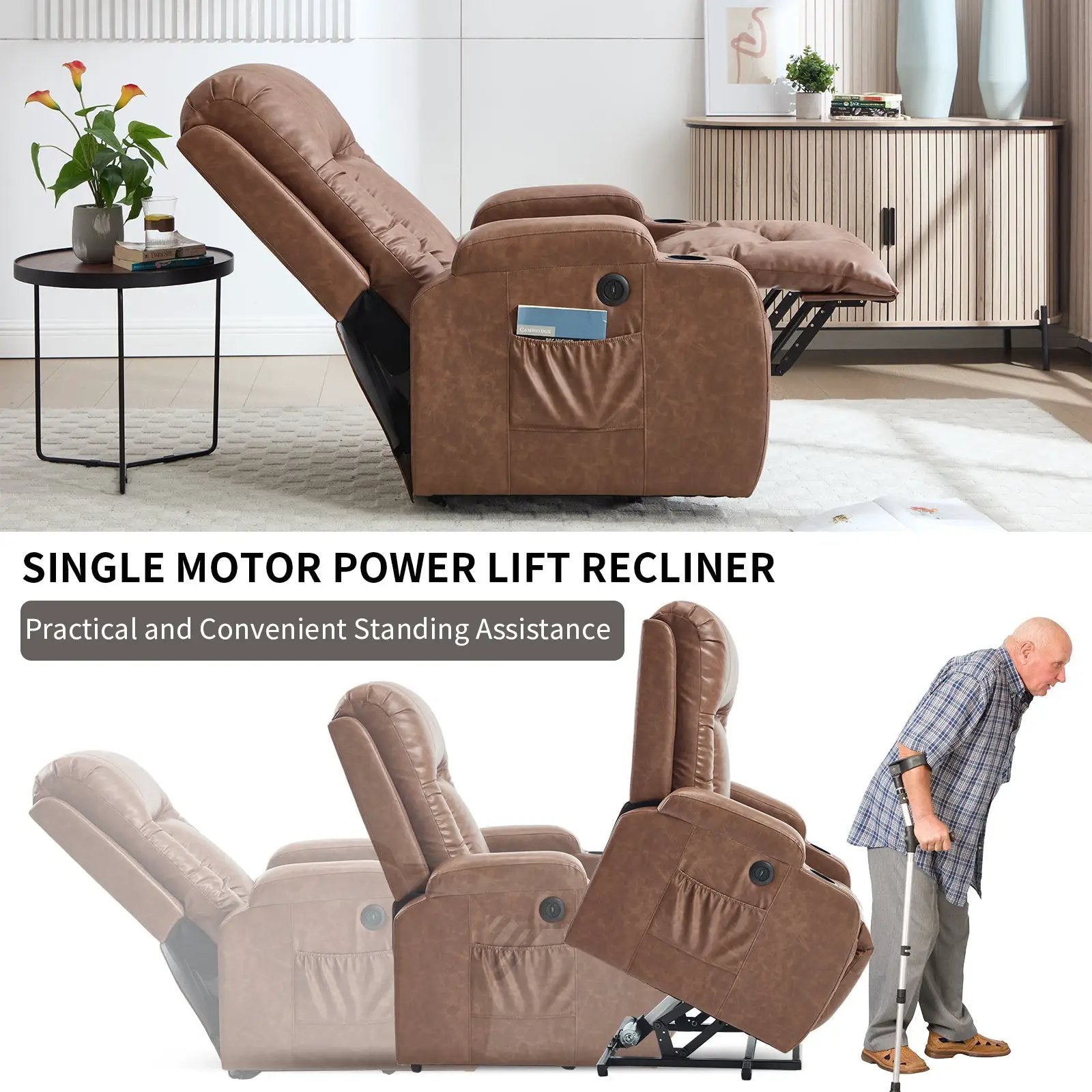 Brown PU Infinite Position Power Lift Recliner Chair by HouseOfZazla