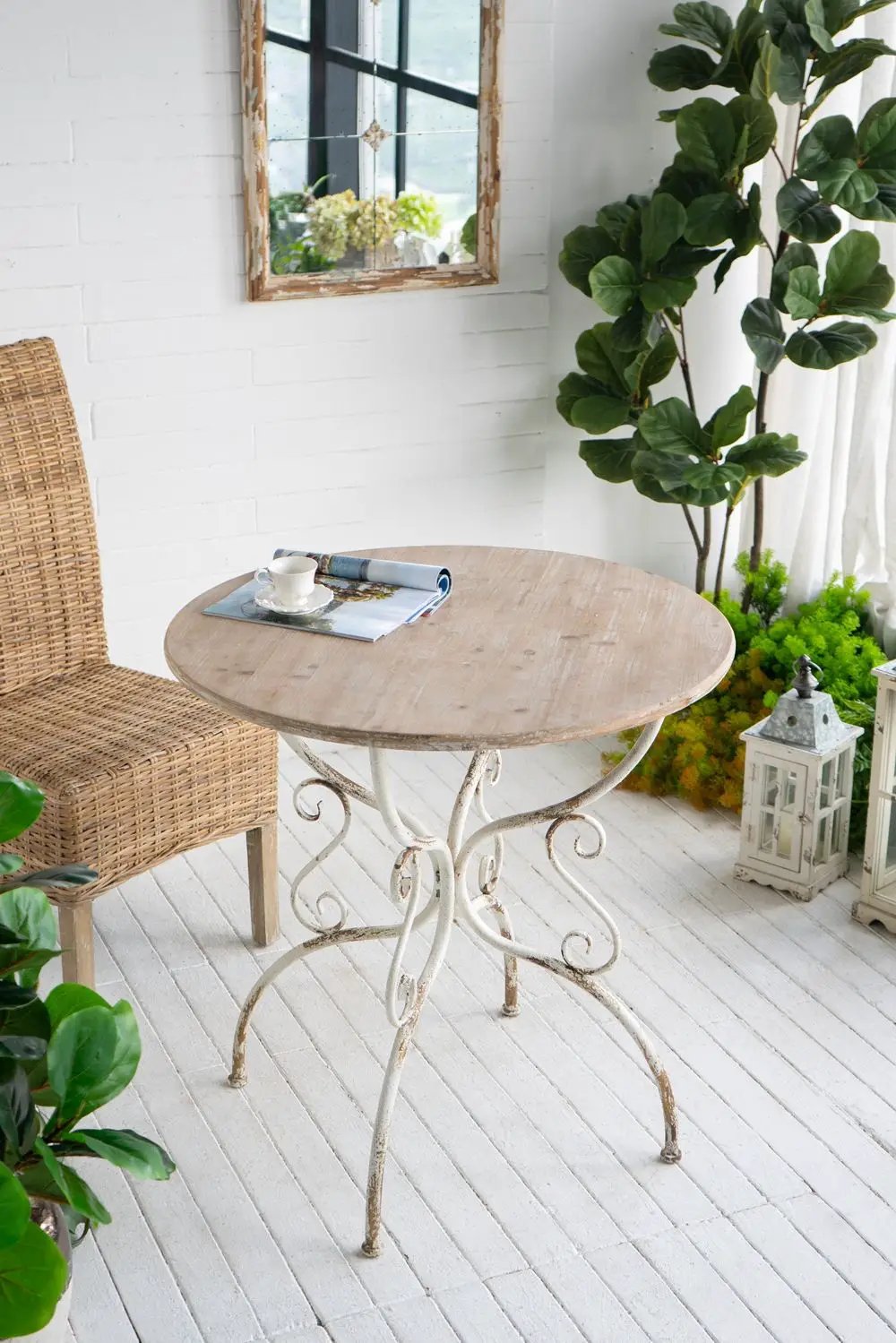 Round Wooden Table With Metal Scrollwork Legs - White Washed by HouseOfZazla