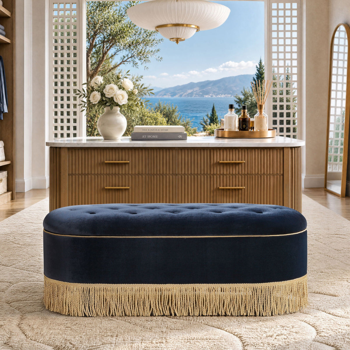 Melinda - Oval Tufted Bullion Fringe Storage Bench, photo 26 of 28