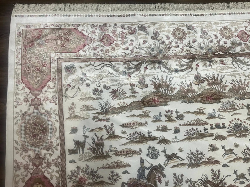 Large Turkish Silk Rug 8x10, Ivory, Hunting Design, Bamboo Silk, New by Jewel Rugs