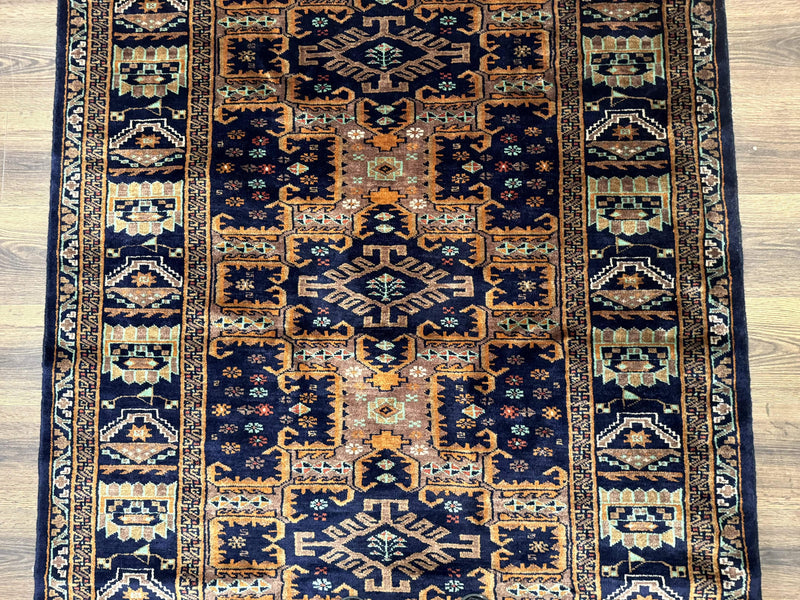 Vintage Afghan Rug 4x6, Navy Blue and Light Brown, Geometric Medallions, Wool on Wool, Tribal Rug by Jewel Rugs