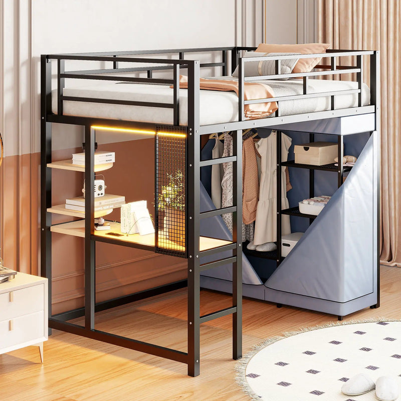 Loft Bed With Desk, Shelves, Power Outlet, LED Light And Wardrobe by HouseOfZazla