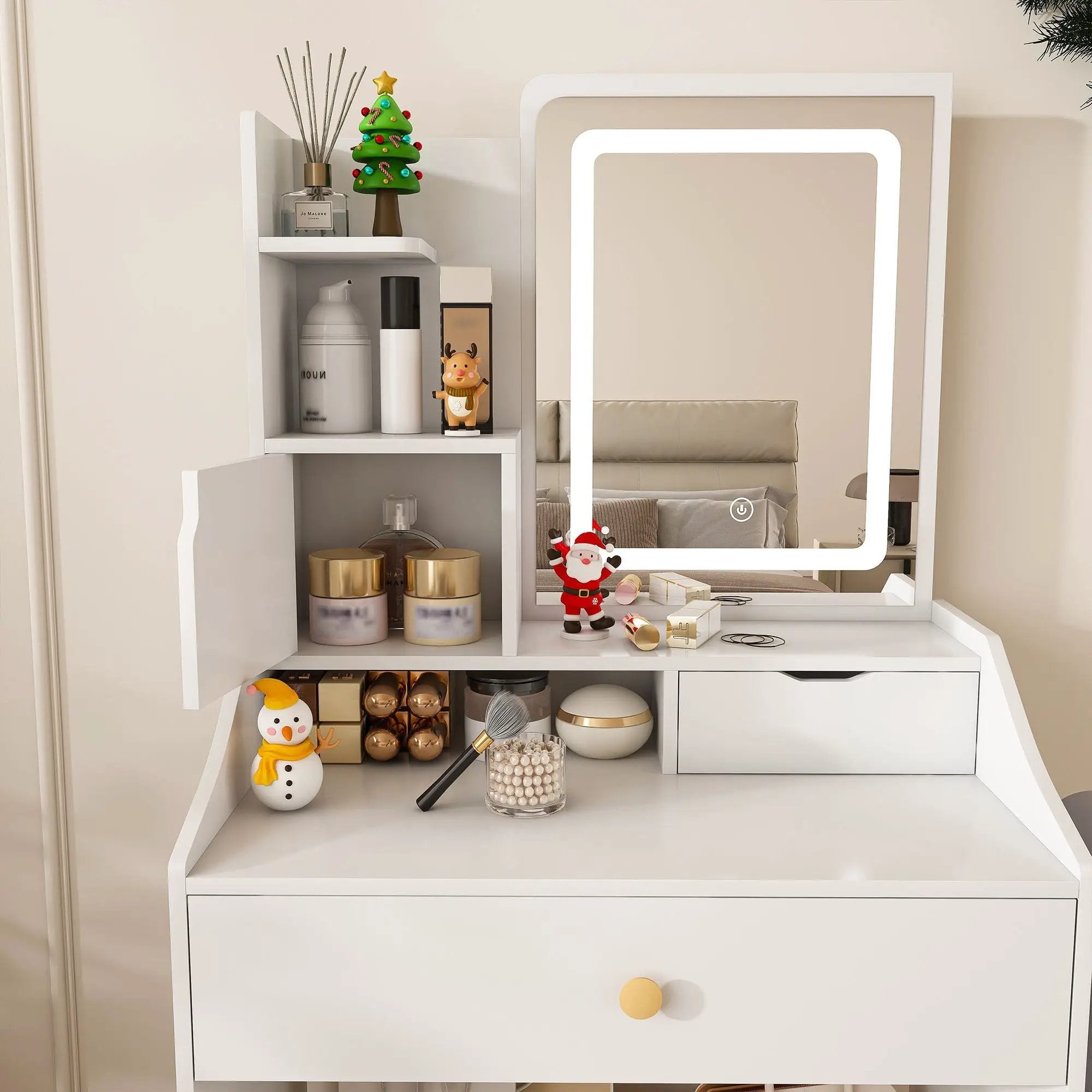3 Color LED Vanity Mirror With Stool, Dressing Table For Bedroom, 2 Drawers & 5 Storage Cabinets (4 Open + 1 Hidden), Adjustable Lighting - White by HouseOfZazla