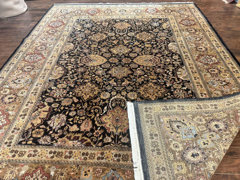 Indo Persian Rug 9x12, Floral Allover, Midnight Blue, Handmade Vintage Wool Oriental Carpet by Jewel Rugs
