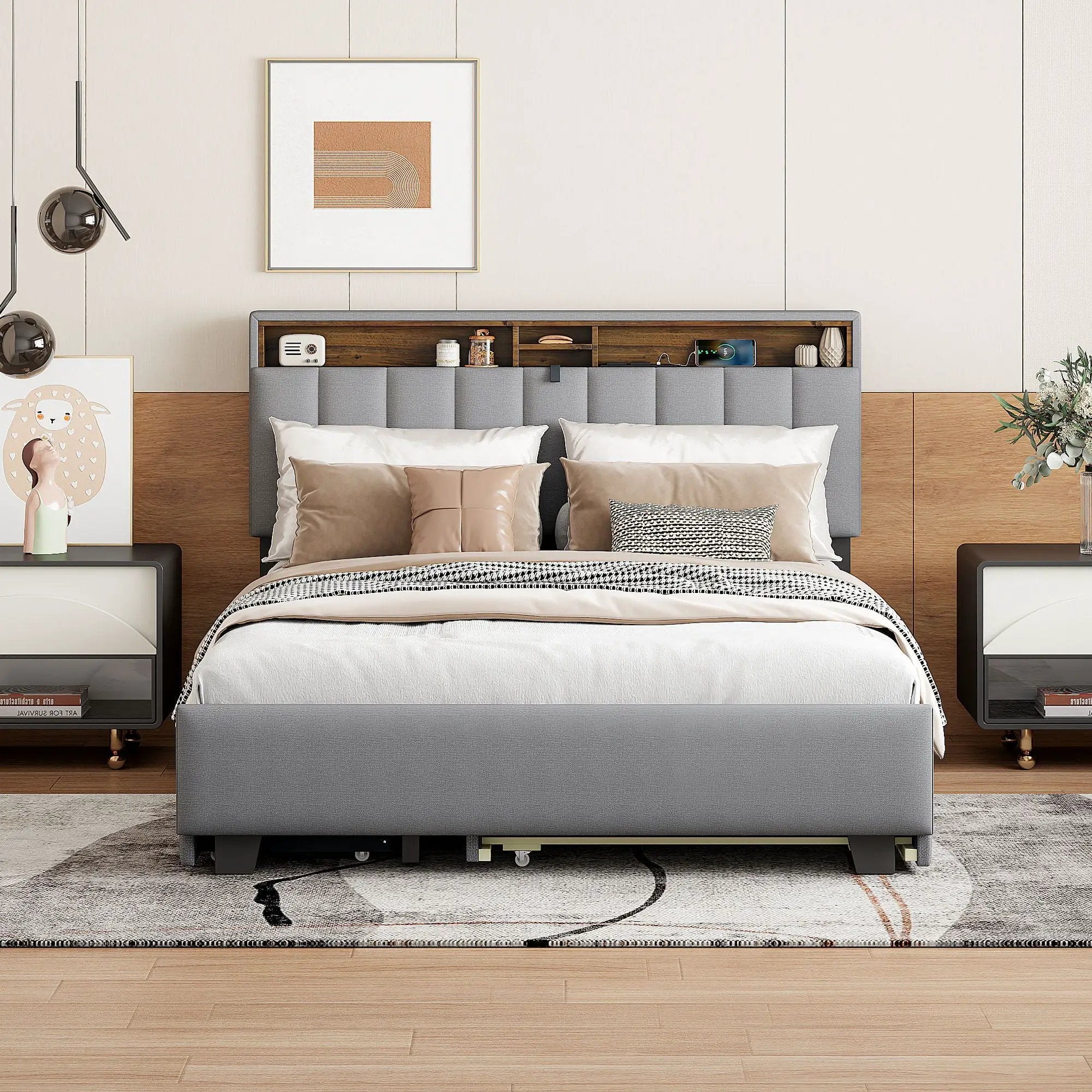 Upholstered Platform Bed With Storage Headboard, Trundle & 2 Drawers And A Set Of Sockets & USB Ports by Unique Piece Furniture