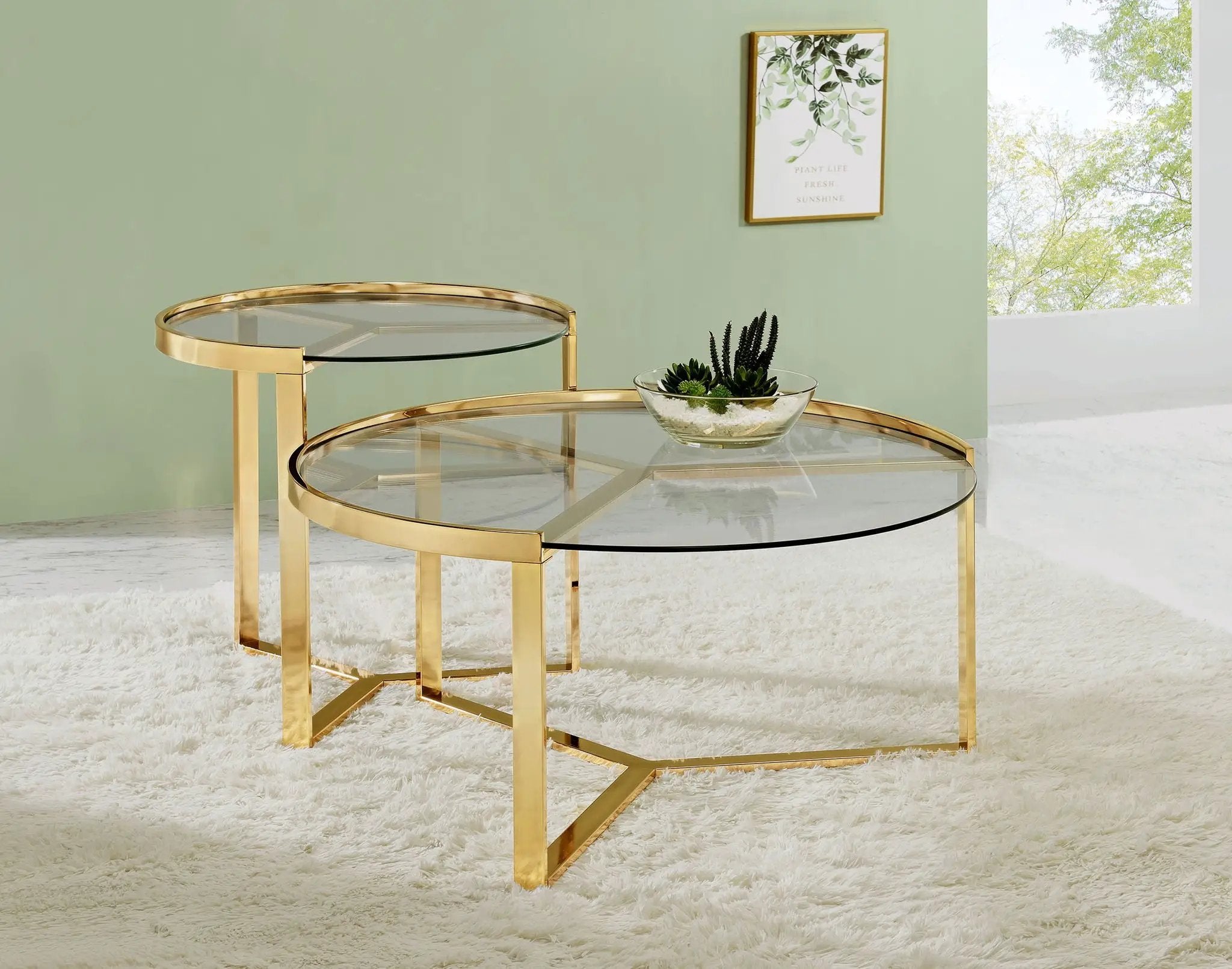 Delia 2-Piece Round Glass Top Nesting Coffee Table Gold by Unique Piece Furniture
