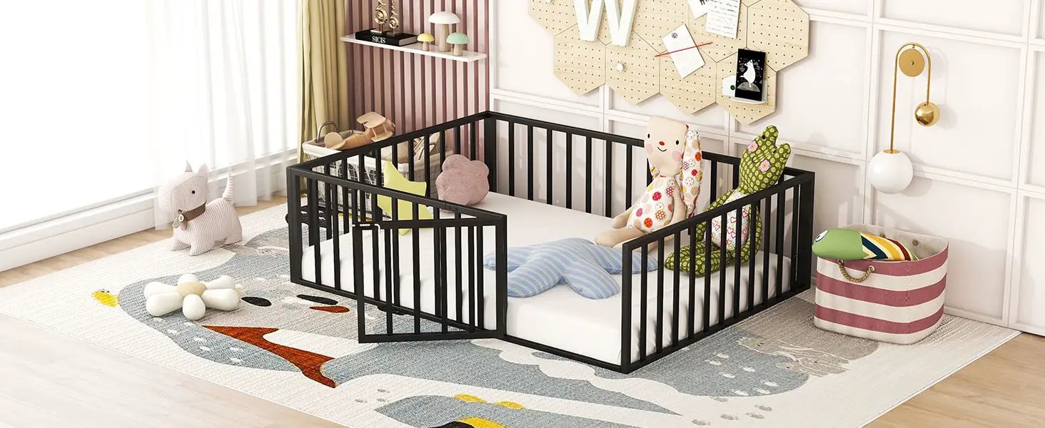 Metal Floor Bed Frame With Fence And Door by HouseOfZazla