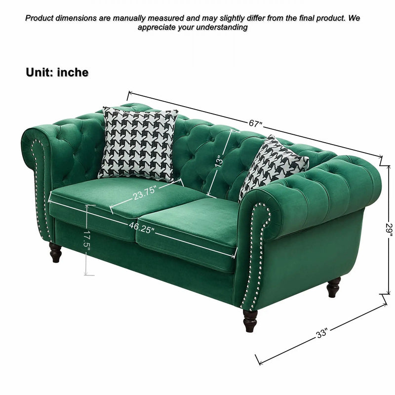 Chesterfield Fabric Sofa With Roll Armrest And Nailhead, Mid Century 2 Seater Couch by Unique Piece Furniture