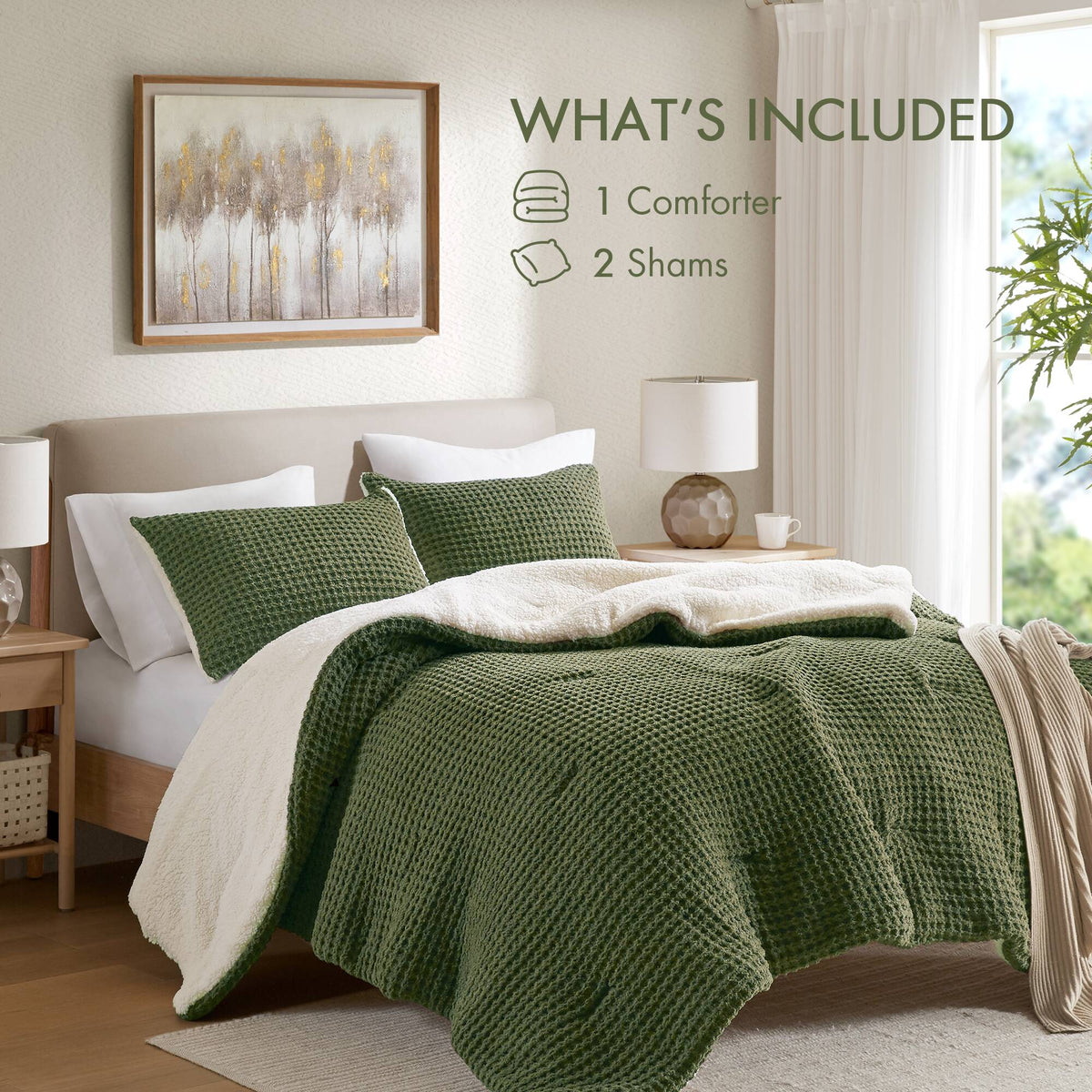 3 Pieces Full/Queen Waffle Knit Chenille Comforter Set in Olive, photo 3 of 10