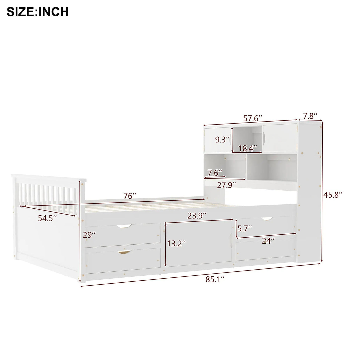 Captain Platform Bed Frame With Bookcase Headboard, 4 Drawers, Storage Shelves by HouseOfZazla