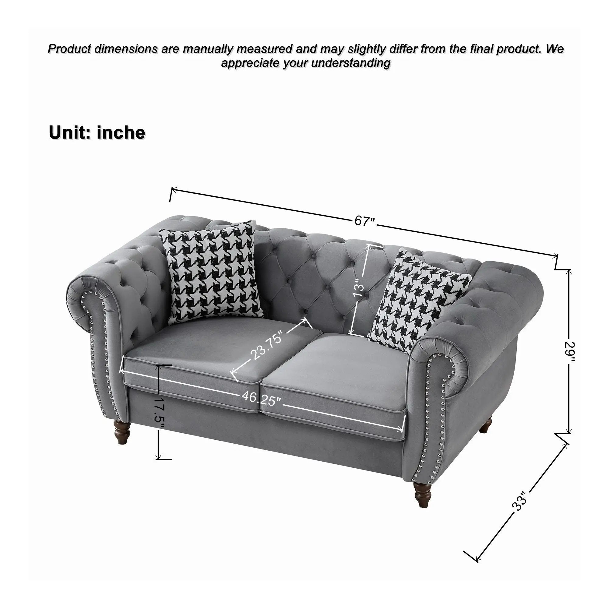 Chesterfield Upholstery Fabric Loveseat With Roll Armrest And Nailhead by HouseOfZazla