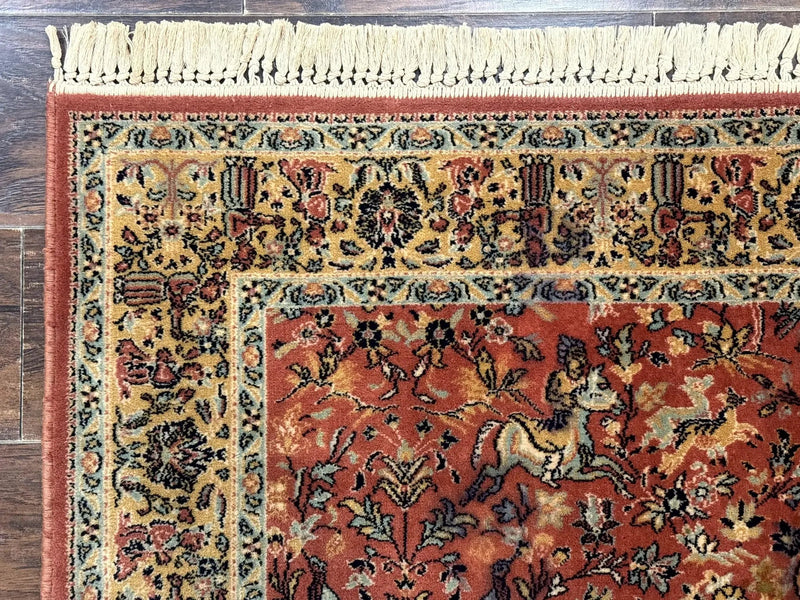 Persian Hunting Design Rug 4.7 x 6.5, Hunting Scene, Red-Orange, Wool, Belgian Power Loomed Carpet by Jewel Rugs