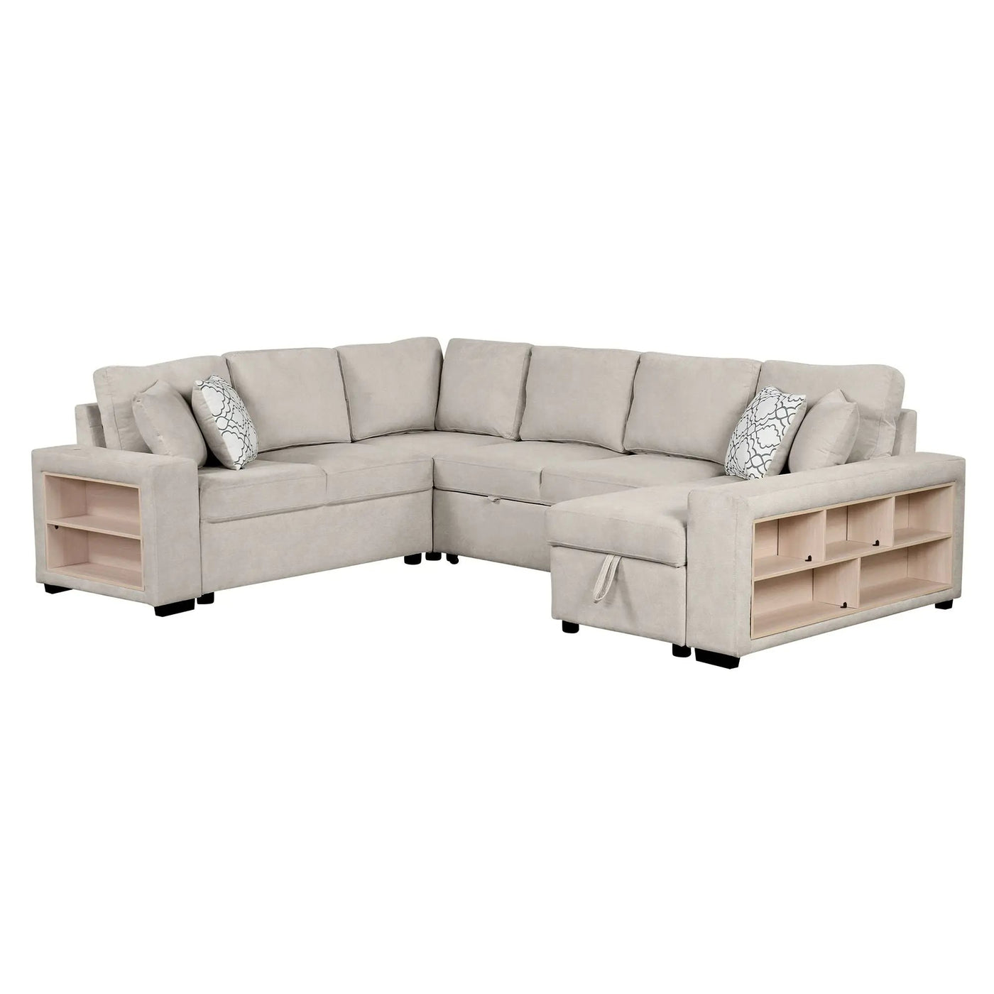 U-Shaped Sectional Sofa Pull-Out Sofa Bed With Two USB Ports, A Storage Chaise Lounge And Four Back Pillows For Living Room by HouseOfZazla