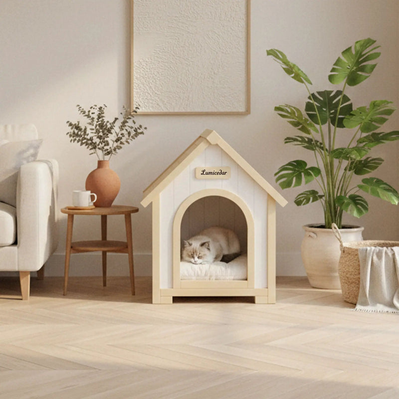 Indoor Dog House With Cushion Pet House For Small Dogs & Cats - Creamy White / Light Yellow by HouseOfZazla
