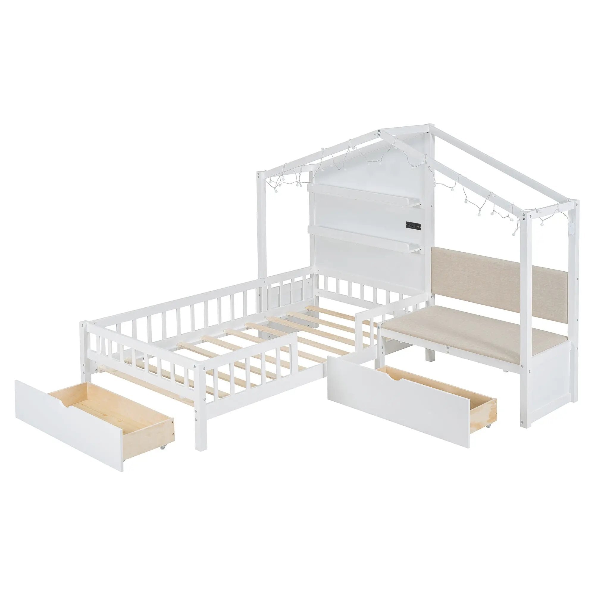 House Bed With Upholstered Sofa, Wireless Charging Station, Shelves And 2 Drawers by HouseOfZazla