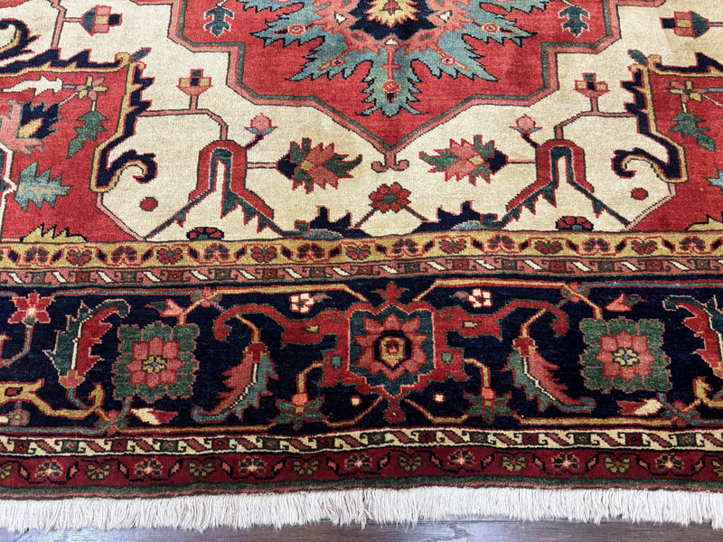 Persian Heriz Serapi Rug 8 x 10.6, Geometric Medallion, Great Colors, Rare, Red Navy Blue Ivory by Jewel Rugs