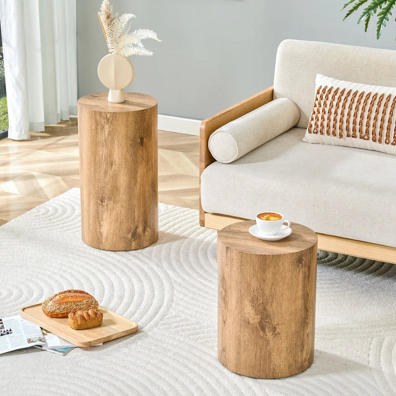 Modern Minimalist Set of Two Wood color Cylinder Coffee Tables by BLAKHOM