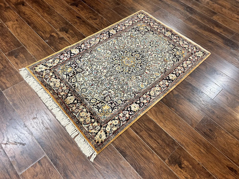 Silk Persian Qum Rug 4x5, Hand Knotted Vintage Carpet, Cream & Navy Blue, Silk Pile on Silk Foundation, Very Fine 360 KPSI by Jewel Rugs
