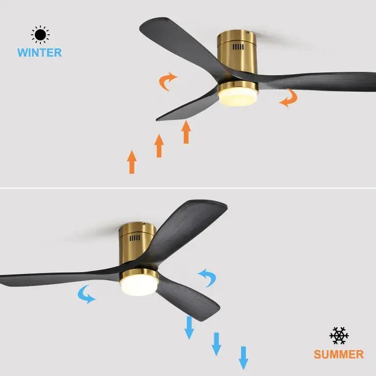 Flush Mount Ceiling Fan With 3 Solid Wood Blades Remote Control Reversible DC Motor For Living Room - Gold by HouseOfZazla