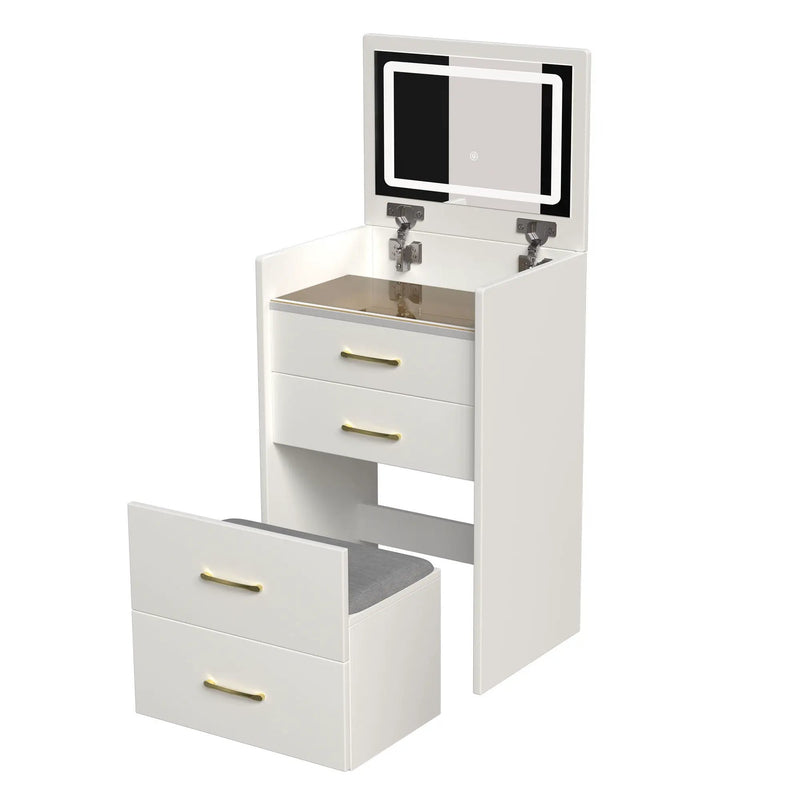 Compact 3 In 1 Vanity Desk With Open Top Mirror, Glass Desktop, 5 Height - White by Unique Piece Furniture