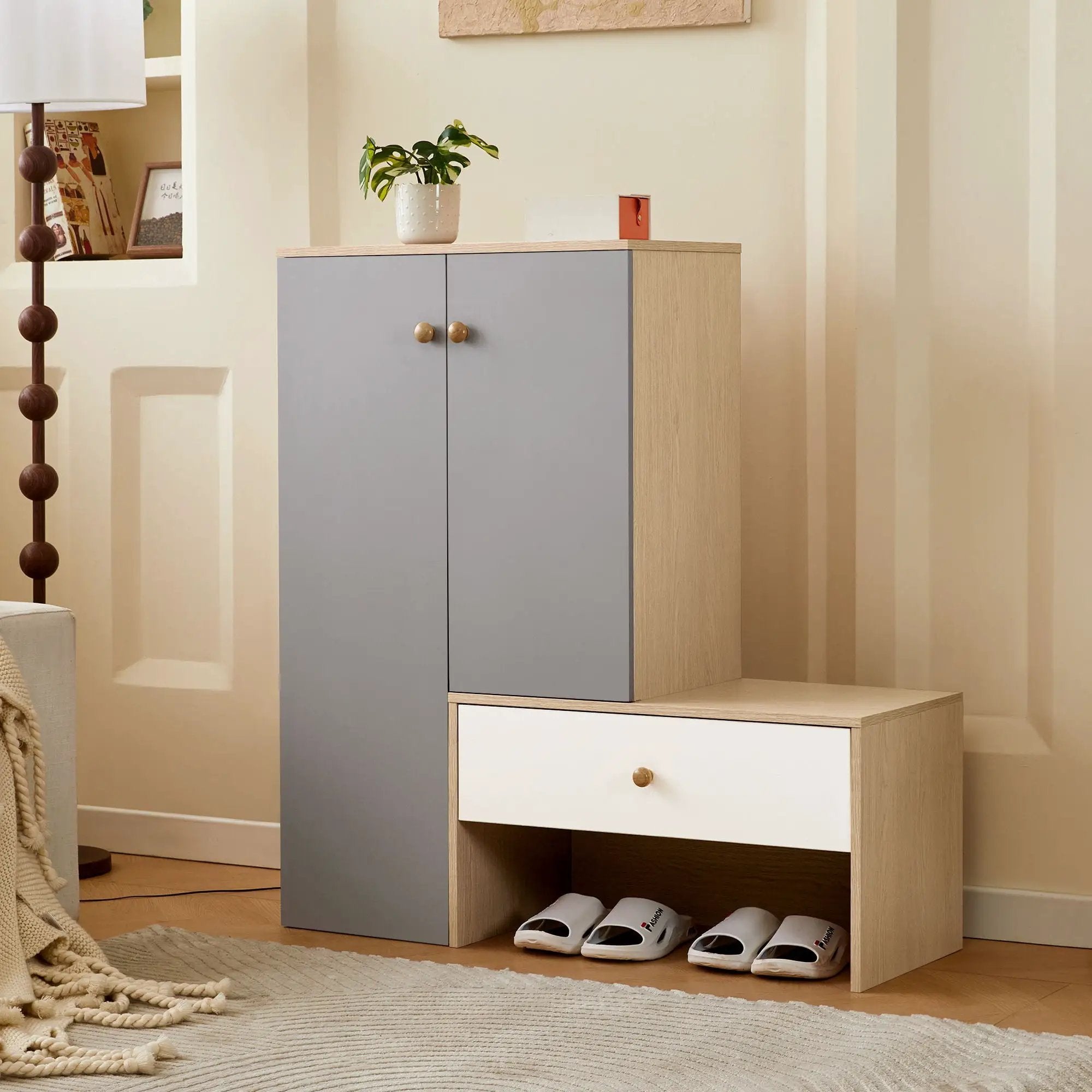 Modern Multi Functional Shoe Storage Bench & Cabinets With Adjustable Shelves - Gray / Natural Wood / White by HouseOfZazla