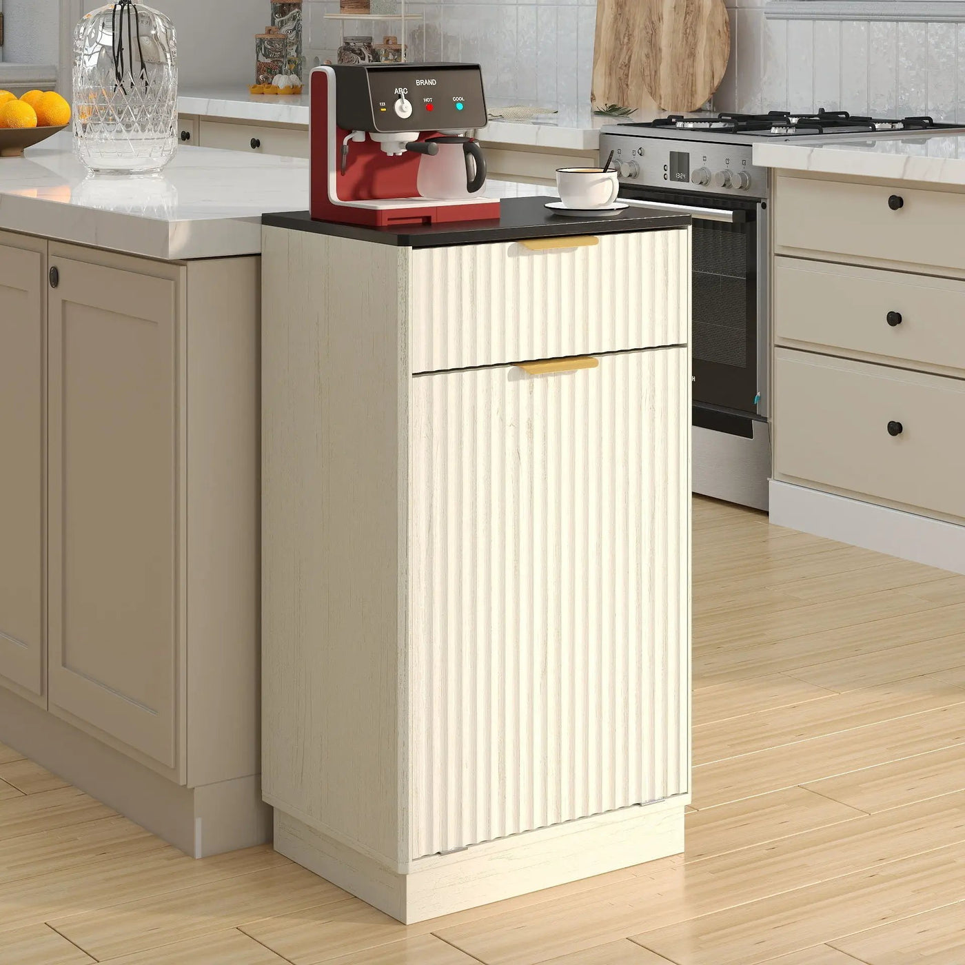Tilt Out Trash Can Cabinet With Wave Textured Drawer & Pull Out Bin by HouseOfZazla