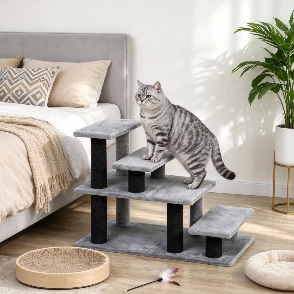 Modular Pet Cat Stairs with Flexible Setup - Particleboard & Plush, Gray/Black