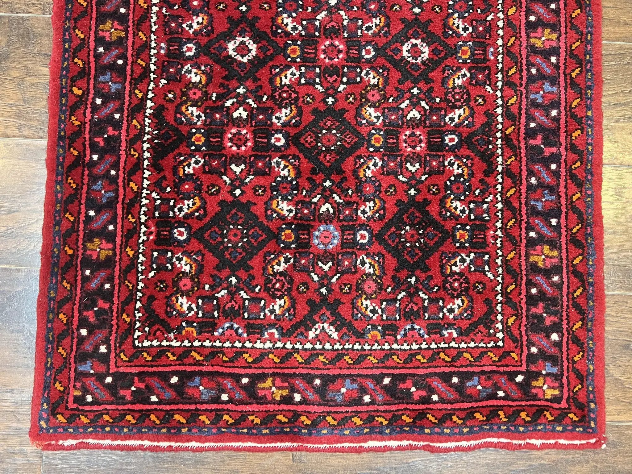 Persian Runner Rug 3 x 16, Wool Handmade Long Antique Hamadan Oriental Rug for Hallway, Red Tribal Rug, Allover Pattern, 3x16 Runner Rug by Jewel Rugs