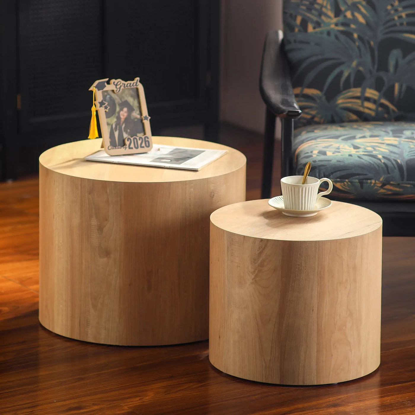 Nesting Coffee Table Set of 2 Round Wooden Tables by HouseOfZazla
