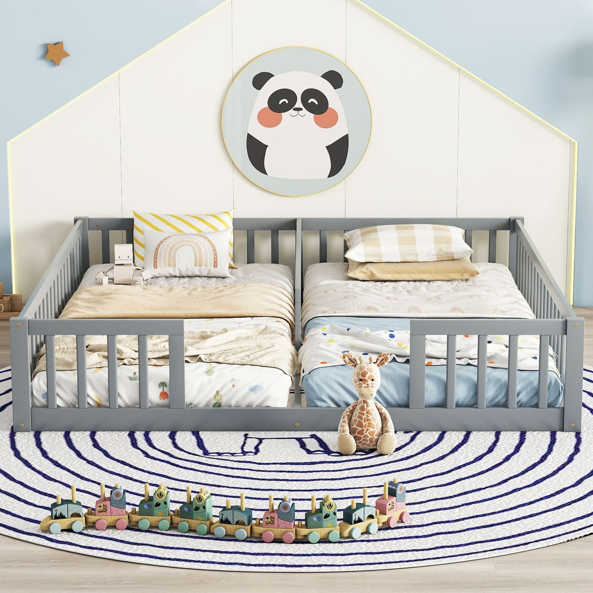 Double Floor Platform Bed with Guardrails - Twin Size - Gray, White, or Light Brown, photo 12 of 12
