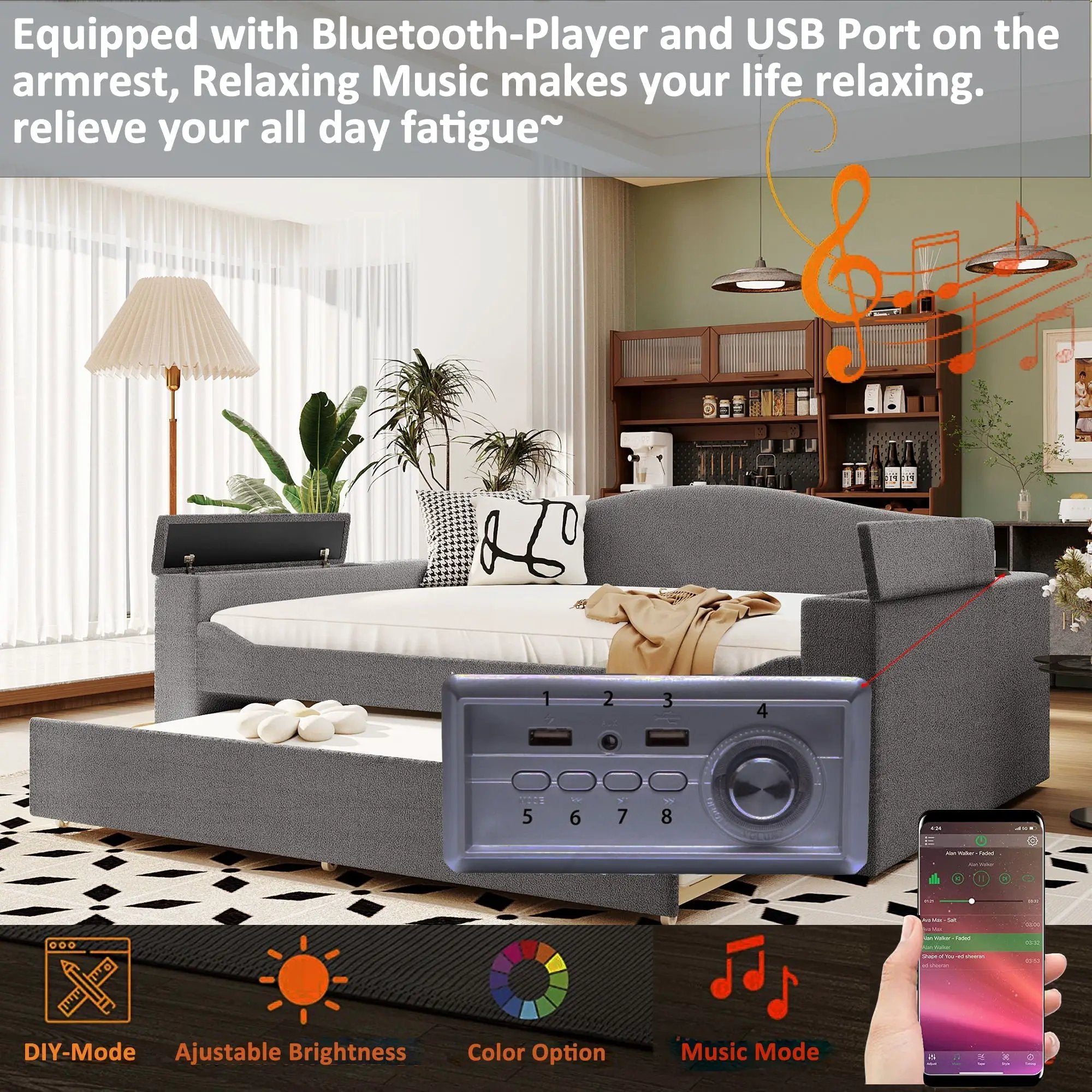 Upholstered Daybed With Storage Armrests, Trundle And Latest Integrated tooth Audio System by HouseOfZazla