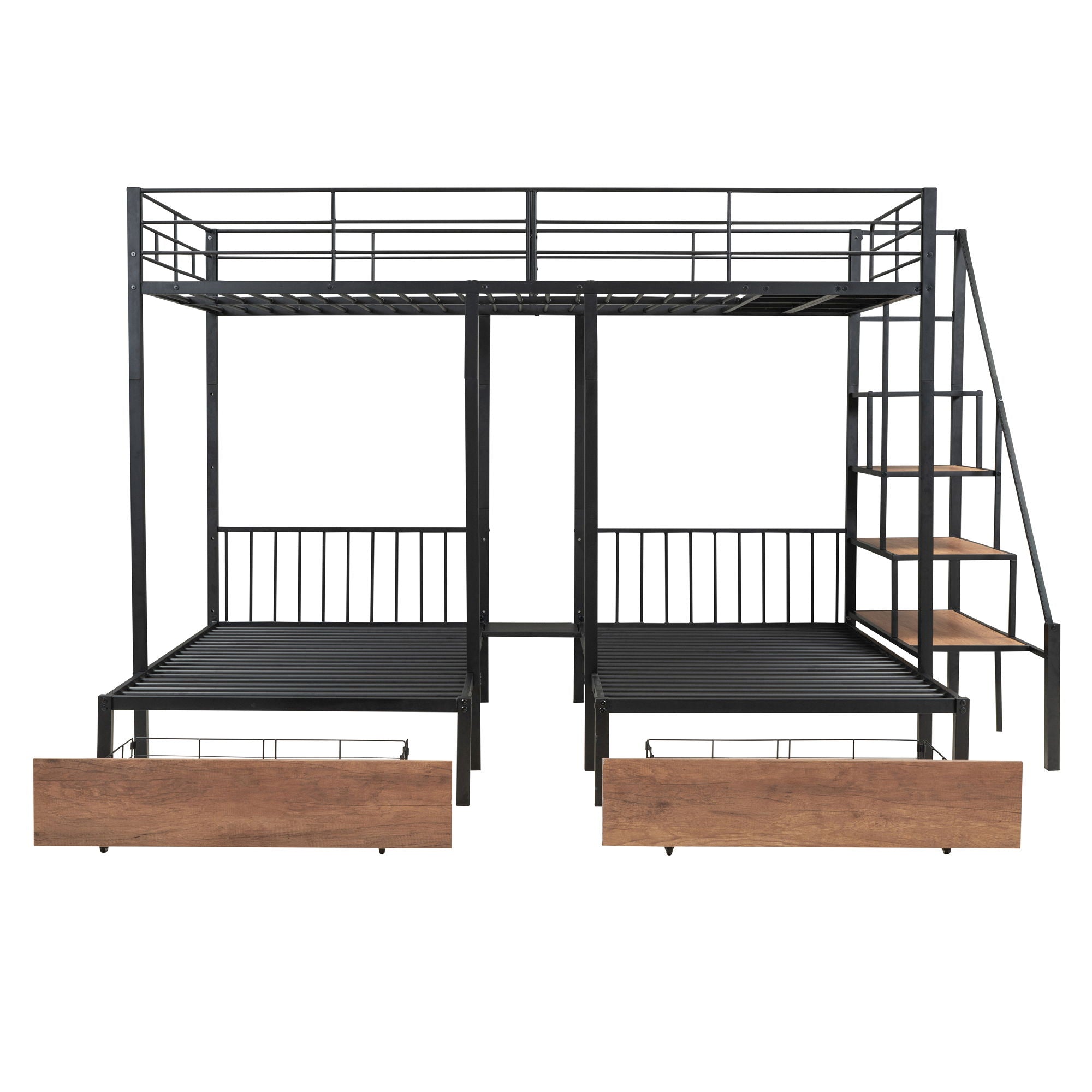 Full Over Twin-Twin Triple Bunk Bed With Drawers And Staircase - Black by HouseOfZazla