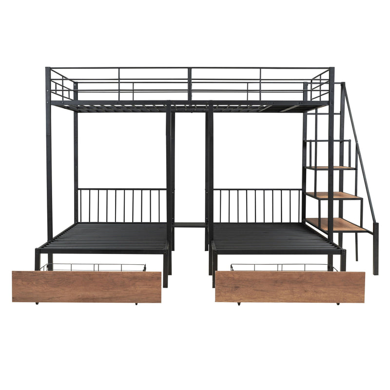 Full Over Twin-Twin Triple Bunk Bed With Drawers And Staircase - Black by HouseOfZazla