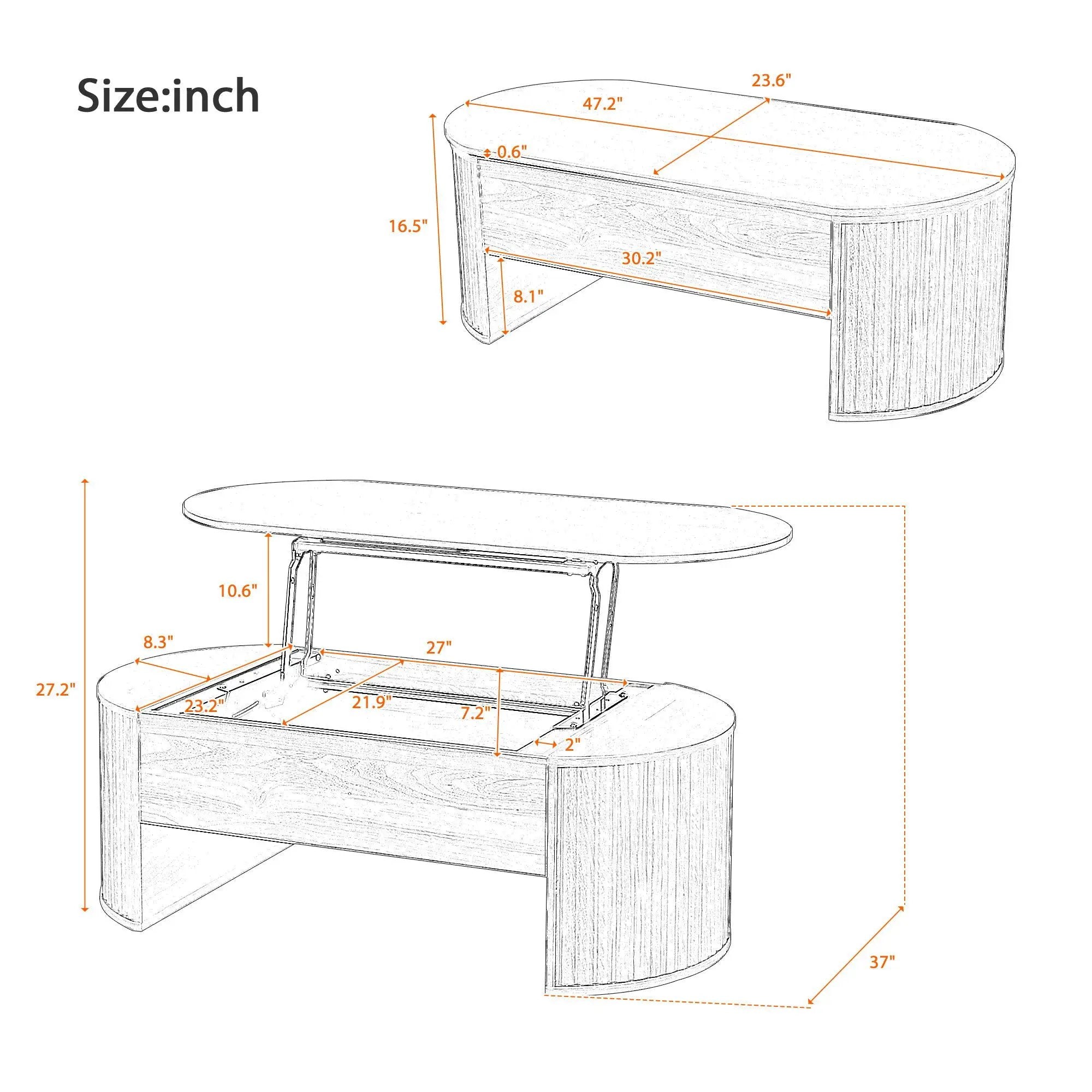 Lift Top Coffee Table With Hidden Compartment, Modern Oval Lift Tabletop For Home Living Room by HouseOfZazla